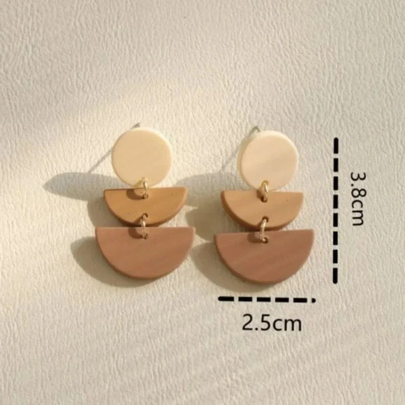 NEW Geometric Acrylic Colorblock Statement Drop Dangle Earrings Beige/Tan - Picture 3 of 5